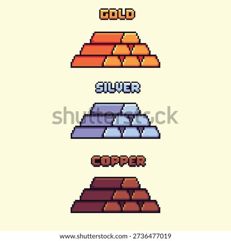 this is goldbars,silverbars and copperbar in pixel art with colorful color ,this item good for presentations,stickers, icons, t shirt design,game asset,logo and your project.