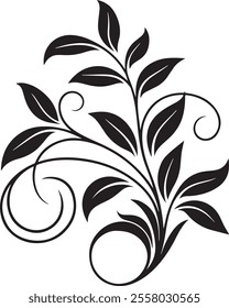 This graceful black floral design features swirling, curved lines that form an elegant and flowing pattern. Bold, stylized leaves branch out symmetrically, creating a harmonious 