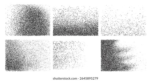 This gradient texture showcases a series of black and white patterns featuring scattered dots, ideal for use in graphic design and artistic projects.