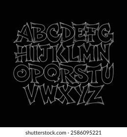 This graffiti outline font featuring a unique hand-drawn alphabet with an edgy urban style. urban typography, street art alphabet,
font, text, letter, typeface,graffiti line art, capital abc letters