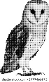 This graphic artwork features a stylized barn owl created using a halftone dot pattern. The image is rendered in high-contrast black on a white background, with varying dot densities used to create shading, texture, and depth on the owl's feathers and facial features. The owl is depicted in a side profile, showcasing its distinct heart-shaped face and patterned plumage in a clean, modern, and artistic graphic design style.
