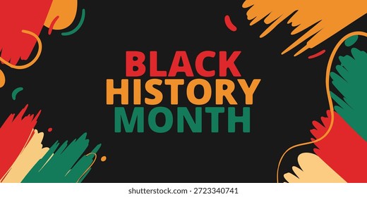 This graphic banner commemorates Black History Month with bold typography and expressive abstract shapes. The design utilizes the Pan-African color palette of red, yellow, and green to celebrate cultural heritage. It serves as an ideal backdrop for social media, educational projects, or community event promotions.
