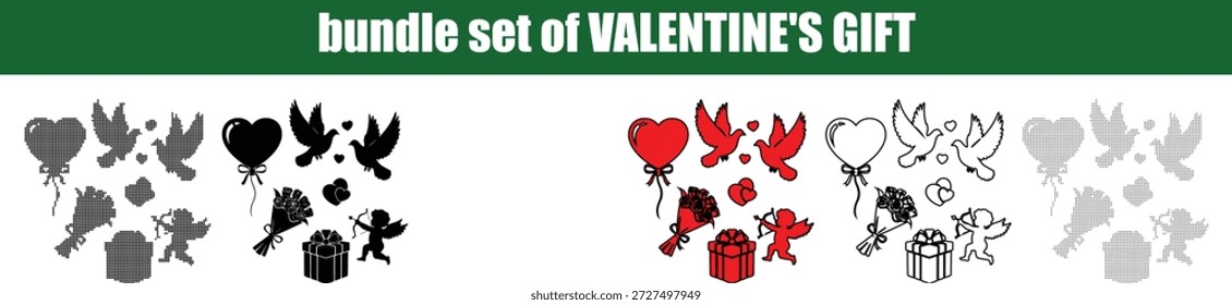 Este Paquete gráfico muestra varios Elementos del Día de San Valentín, incluidos globos de corazón rojo y negro, palomas voladoras, adorables cupidos con arcos y flechas, elegantes ramos de flores y cajas de regalo envueltas. Estos símbolos románticos se presentan en estilos de siluetas con un contorno sólido y textura perfectos para celebrar el amor y el romance sobre un fondo blanco limpio