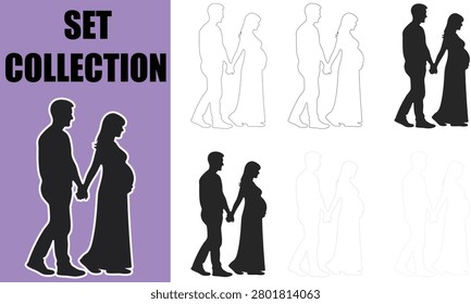 This graphic collection features elegant silhouettes and outlines of a pregnant couple walking hand-in-hand, symbolizing love, partnership, and the journey to parenthood. The set includes various styles solid black figures, crisp white outlines on a vibrant purple background, and subtle black outlines on a clean white background, offering versatility for diverse design projects. Ideal for themes related to family planning, maternity, new beginnings, expectant parents, and marital bliss. The minimalist yet expressive design conveys warmth, antic