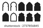 This graphic collection features ten unique black silhouettes of traditional Islamic arches and windows. The set includes Moroccan, Moorish, and classic Arabic architectural styles. These shapes are ideal for creating cultural decorative backgrounds, religious invitations, or middle eastern themed illustrations.
