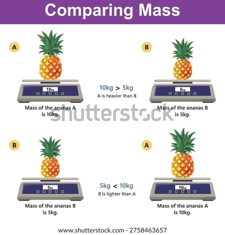 This graphic compares the mass of two pineapples. pineapple a, weighing ten kilograms, is shown on a digital scale, demonstrating it is heavier than pineapple b.