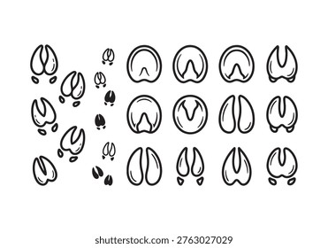 This graphic compilation features a variety of distinct hoof prints, including cloven hooves and single-shoe shapes, rendered in a simple black-and-white line art style, perfect for illustrating wildlife, farm animals, or equestrian