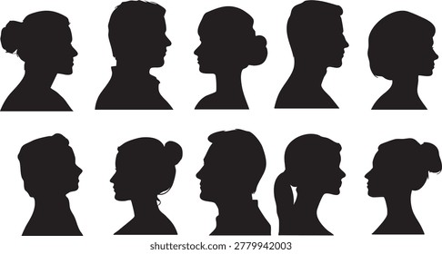 This graphic composition presents ten distinct human head silhouettes, arranged in two horizontal rows of five. Each silhouette is depicted in a profile view, revealing a range of unique hairstyles and subtle variations, suggesting diverse individuals. The sharp black outlines against a clean white background offer a minimalist and impactful visual. This collection is highly suitable for conveying themes of diversity, uniqueness, community, and the wide spectrum of human appearance.