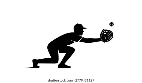 This graphic depicts a baseball player in silhouette, actively preparing to catch a flying baseball with his glove. The image emphasizes motion and athletic skill.