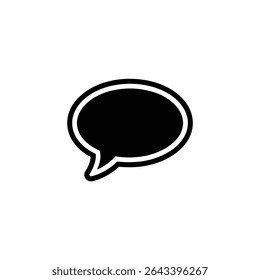 This graphic depicts a black speech bubble with a distinct white outline, set against a plain white background. The bubble has a smooth, rounded design, symbolic of dialogue.