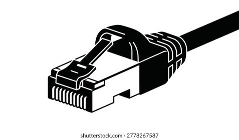 This graphic depicts a close-up view of a standard rj45 ethernet cable connector, showcasing its internal contacts and black plastic housing. It represents network connectivity.