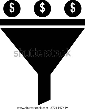This graphic depicts a funnel with dollar signs positioned above, visually representing the filtering of money or the conversion of revenue through a business process. high-quality professional detailed modern elegant