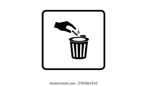 This graphic depicts a hand dropping a lit cigarette into a waste bin, rendered as a black and white pictogram. The image features a distinct silhouette style with solid black shapes against a white background, conveying