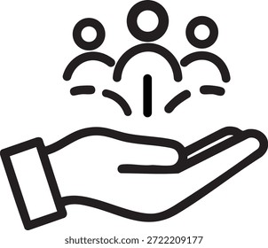 Este gráfico representa una mano que acuna suavemente varios íconos de personas, simbolizando la Asistencia, el cuidado y la protección. El estilo distintivo de la silueta enfatiza la simplicidad y universalidad del concepto.