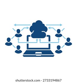This graphic depicts a network connection featuring a laptop, cloud, and human figures. The image employs a clean, flat style with solid blue coloring and striking silhouette figures to highlight the concept of data exchange.