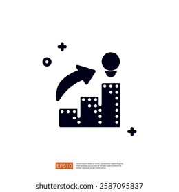 This graphic depicts a rising bar chart with an upward arrow and a light bulb, symbolizing growth, innovation, and progress in business or technology.