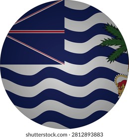 This graphic depicts a round button or badge with the flag of the British Indian Ocean Territory, featuring wavy blue and white stripes, a Union Jack in the canton, and a palm tree with a crown. It is suitable for representing this territory's identit...