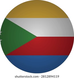 This graphic depicts a round button or badge with the Comoros national flag, featuring four horizontal stripes yellow, white, red, blue and a green triangle at the hoist with a white crescent and four stars. It is ideal for representing Comorian ident...