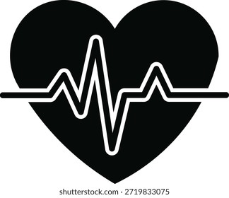 Este gráfico representa una forma de corazón negro sólido con una línea blanca de electrocardiograma que atraviesa el centro. Representa visualmente la salud, la vida y el ritmo vital del corazón. alta calidad