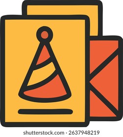 This graphic depicts a stack of invitation cards and an envelope