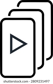 This graphic depicts a stack of rectangular cards with a play button centered on the foremost card. The image is a flat vector illustration with a transparent background, valuable