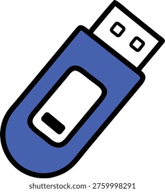 This graphic depicts a standard blue flash drive used for portable data storage and file transfers between electronic devices. The simple design features a metallic connector and a durable plastic casing, representing essential hardware for backing up documents, photos, and media in a convenient and compact physical format.