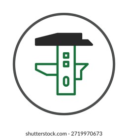 Este gráfico representa una pinza estilizada dentro de un círculo que simboliza la ingeniería de precisión o una herramienta de medición precisa. El esquema de color negro y verde y las líneas en negrita crean una representación visual