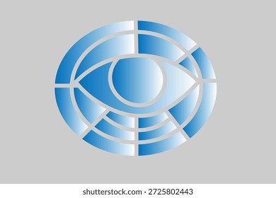 Este gráfico representa um olho humano estilizado centrado em uma forma oval segmentada maior. O ícone inteiro é renderizado em um gradiente azul-para-branco em um plano de fundo cinza.