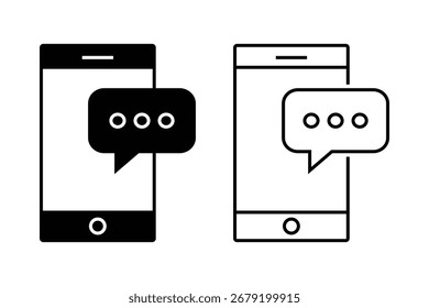 Este gráfico muestra dos iconos distintos de teléfonos móviles, uno negro sólido y el otro un contorno, ambos con burbujas de chat que representan conversaciones digitales y mensajes.