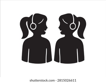 This graphic depicts two sisters wearing headphones and facing each other, presented as a distinctive black silhouette against a white background. The image is a simple vector illustration.