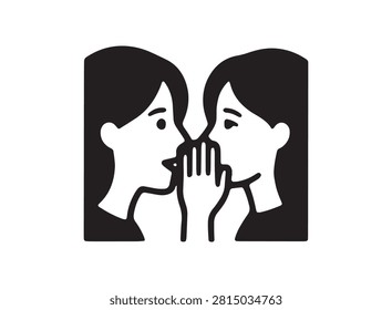 This graphic depicts two sisters in a close embrace, one whispering a secret to the other. The image is rendered as a striking black silhouette against a white background, emphasizing the bond between them.