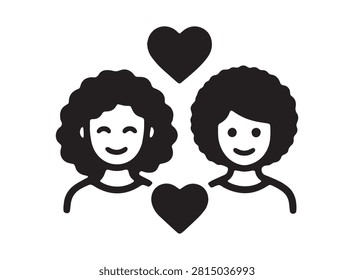 This graphic depicts two sisters with hearts positioned above and between them. The image is a black silhouette style, making it suitable for various design projects and sister's day themes.
