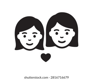 This graphic depicts two sisters with a heart symbol between them, presented as a simple black silhouette against a white background. The distinctive silhouette style emphasizes the bond of sisterhood.