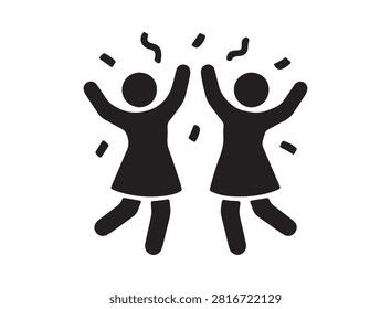 This graphic depicts two sisters celebrating with falling confetti, presented as a striking black silhouette against a white background. The silhouette style emphasizes the joyful connection between the figures.