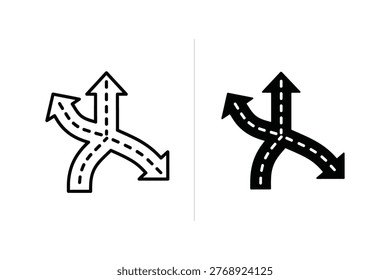 This graphic depicts a visual metaphor for choices and decision making with diverging paths and arrows. Ideal for concepts related to business strategy, life paths, or challenges in marketing and education.