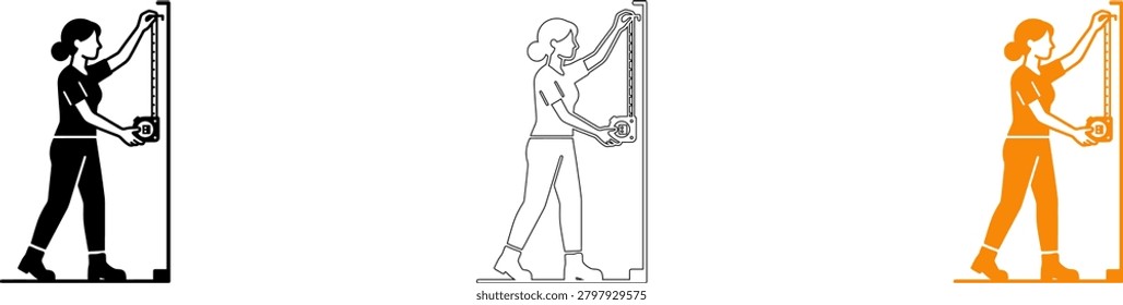 This graphic depicts a woman using a tape measure to determine wall height, presented in three distinct styles: solid black silhouette, clean outline, and a vibrant orange color variation for versatile design applications.