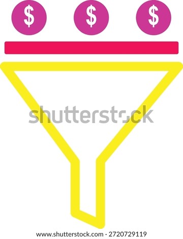 This graphic depicts a yellow funnel filtering pink dollar signs, illustrating a financial process or sales funnel. It represents the conversion of potential revenue into realized income. high-quality professional detailed