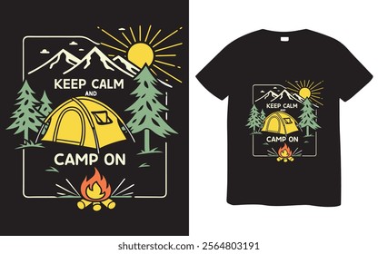 This graphic design features a camping scene with mountains, trees, a yellow tent, and a campfire, set within a framed design.