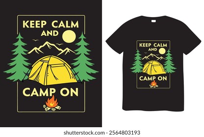 This graphic design features a camping scene with mountains, trees, a yellow tent, and a campfire, set within a framed design.