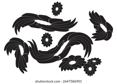 This is a graphic design featuring abstract, swirling shapes in black against.