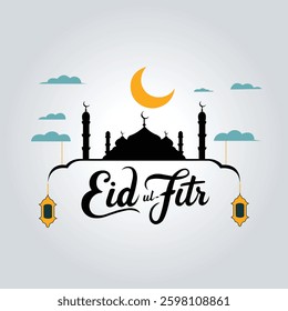 This graphic design showcases a celebratory Eid ul-Fitr greeting.