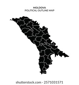 This graphic displays a black outline map of Moldova, emphasizing its political divisions. The detailed layout shows various regions clearly, aiding geographical understanding.