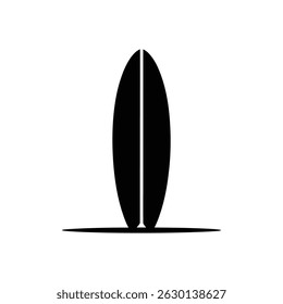 Este gráfico exibe uma silhueta preta arrojada na prancha de surfe, de pé, com sua base projetando uma sombra contra o fundo branco-escuro. Linhas simples criam uma impressão artística.