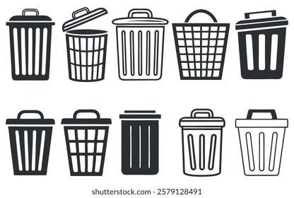 This graphic displays a collection of different trash can designs in a simple, vector style.