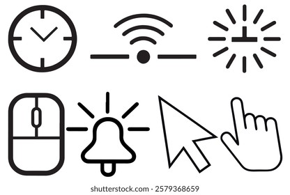 This graphic displays a collection of simple, black line icons, representing common computer functions.