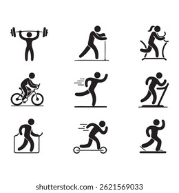 Este gráfico mostra uma coleção de ícones simples em preto-e-branco que representam diversas atividades de fitness.