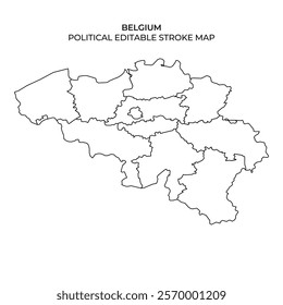 This graphic displays a detailed outline of Belgium, marking its political boundaries and regions. It serves as a blank template for educational or design purposes.