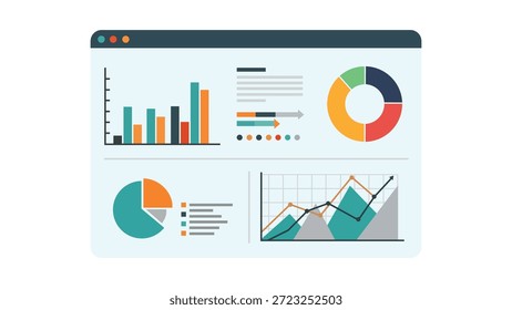 Diese Grafik zeigt eine digitale Dashboard-Schnittstelle, die mit verschiedenen Datenvisualisierungselementen gefüllt ist. Es enthält ein Balkendiagramm mit Vergleichsdaten, ein Kreisdiagramm mit Proportionen und ein Liniendiagramm mit Trends im Zeitverlauf. Dazu gehören Textelemente und Fortschrittsindikatoren, die einen umfassenden Überblick über die Wirtschaftsleistung und -analyse vermitteln. Das Gesamtdesign ist sauber und modern, mit einer Palette von Blues, Grün, Orangen und Rot.