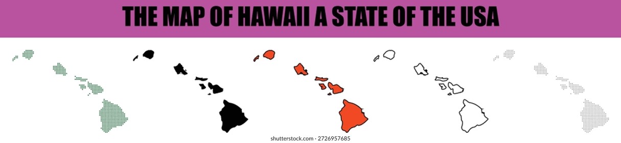 Este gráfico exibe cinco ilustrações vetoriais distintas das ilhas havaianas um estado proeminente dos EUA Os mapas apresentam vários estilos, incluindo pontos verdes preto sólido laranja vibrante contornos em negrito e pontos cinzas sutis, todos dispostos horizontalmente em um fundo branco limpo perfeito para conteúdo educacional ou de viagem