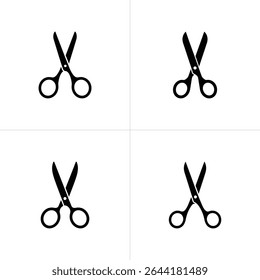 This graphic displays four black scissors with round handles, evenly spaced on a crisp white background. The design emphasizes the tool's simplicity and iconic form.